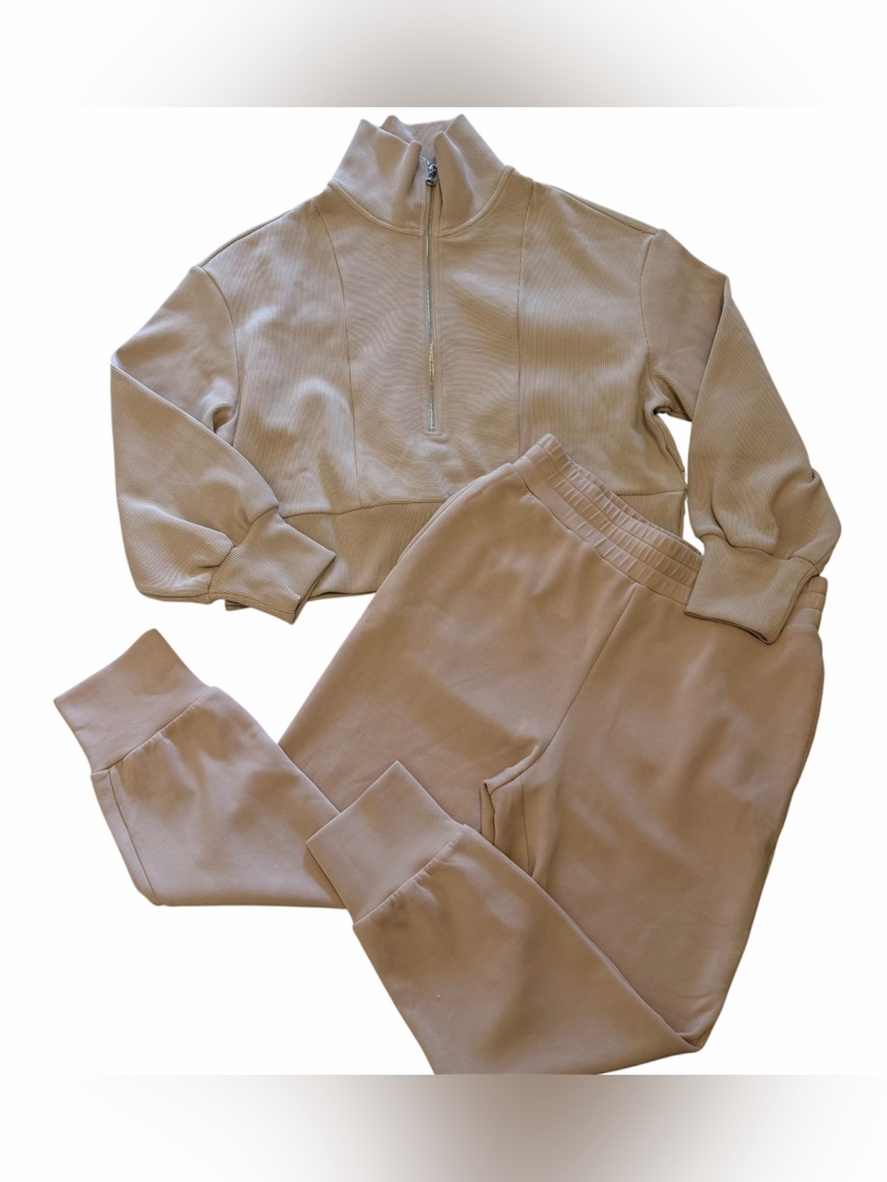 Varley Pink/Tan Ribbed Half-Zip Cropped Sweatshirt & Joggers Set Large